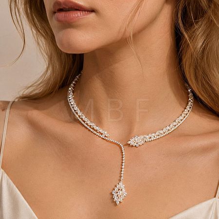 Brass Pave Clear Cubic Zirconia and Crystal Rhinestone Flower Pendant Choker Necklaces for Women WG748D8-02-1