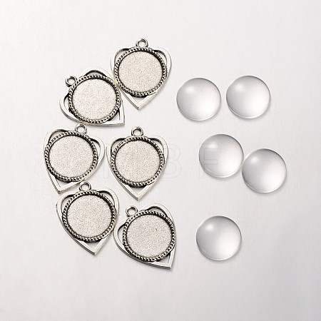 18x4mm Transparent Clear Glass Cabochons and Antique Silver Alloy Heart Pendant Cabochon Settings DIY-X0183-AS-1
