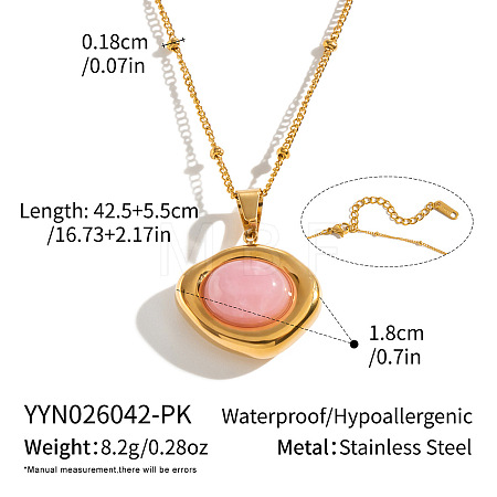 Dyed Natural Pink Quartz 304 Stainless Steel Geometric Pendant Necklaces for Women KV8466-2-1