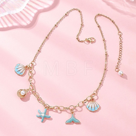 Ocean Alloy Enamel Whale Tail Shell Shape Starfish Pendant Brass Cable Chain and 304 Stainless Steel Satellite Chain Bib Necklaces for Women NJEW-JN05815-01-1