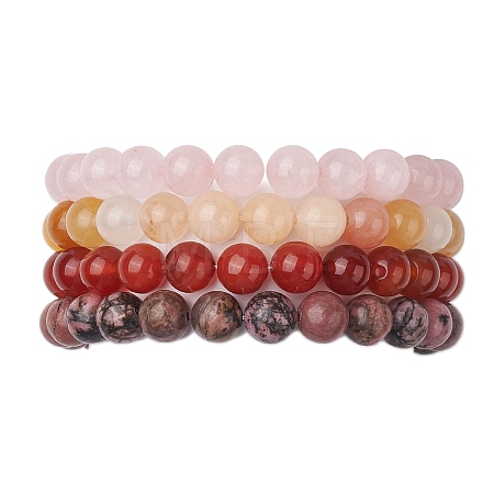 4Pcs Constellation 8mm Round Natural Rhodonite & Rose Quartz & Dyed Jade & Carnelian Beaded Stretch Bracelets for Women BJEW-JB10642-1