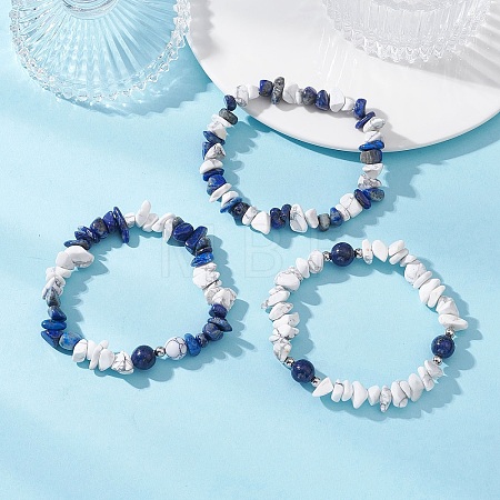 3Pcs Natural Lapis Lazuli & Synthetic Howlite Chip Beaded Stretch Bracelets for Women BJEW-JB12959-1