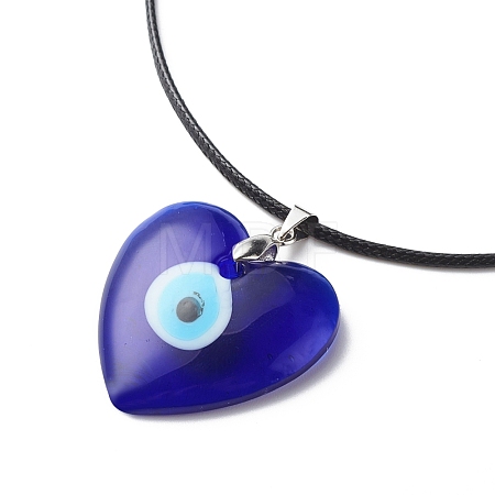 Blue Lampwork Evil Eye Pendant Necklace with Waxed Cord for Women NJEW-JN03955-03-1