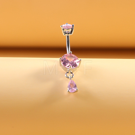 316L Surgical Stainless Steel Pearl Pink Cubic Zirconia Flat Round Curved Barbell Dangle Belly Rings WG4CABC-06-1