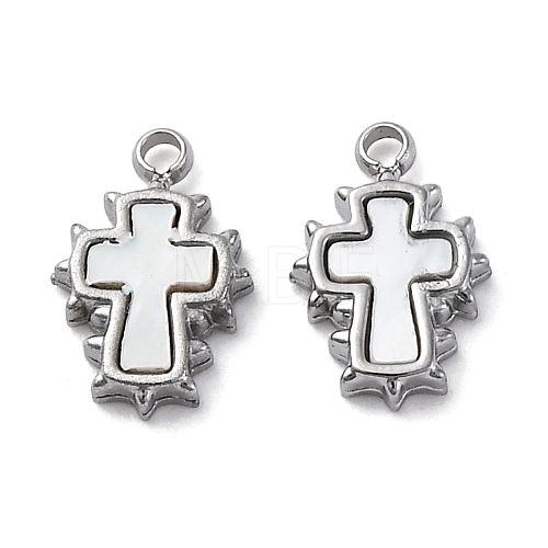 304 Stainless Steel Pave Natural White Shell Cross Charms STAS-S163-26P-1