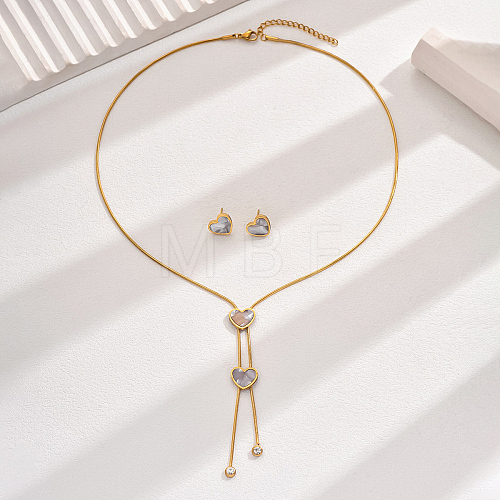 Elegant Vintage Stainless Steel Heart Stud Earrings & Lariat Necklaces Set for Women KA4567-1