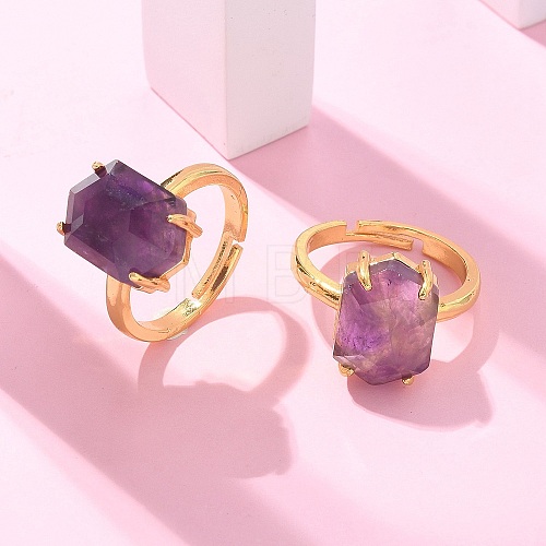 Hexagon Natural Amethyst Finger Rings RJEW-B113-02G-06-1