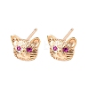 Cat Shape Brass Micro Pave Cubic Zirconia Stud Earrings EJEW-L278-11G-4