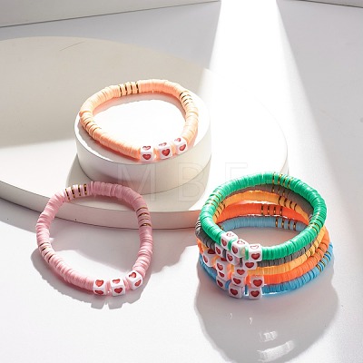 7Pcs 7 Style Polymer Clay Heishi Beaded Stretch Bracelets Set with Heart BJEW-JB07529-1