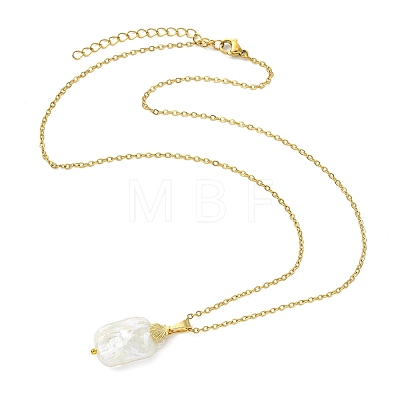Natural Baroque Keshi Pearl Rectangle Pendant 304 Stainless Steel Cable Chain Necklaces for Women NJEW-JN06115-1