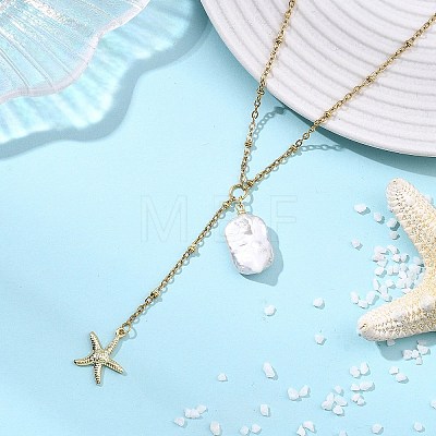 Summer Natural Baroque Keshi Pearl & 304 Stainless Steel Sea Animal Pendant Satellite Chain Y Lariat Necklaces NJEW-JN06049-01-1