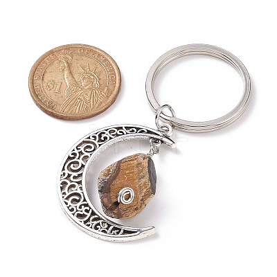 Alloy Hollow Moon Charm Keychains with Natural Gemstone Nuggets Charm KEYC-JKC00423-1