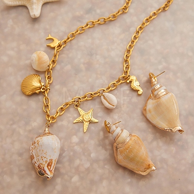 304 Stainless Steel with Natural Shell Starfish Sea Horse Pendant Bib Necklaces for Women FS-WG01E94-02-1