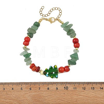 Handmade Lampwork Christmas Tree & Natural Green Aventurine & dyed Freshwater Shell Chip Beaded Bracelets BJEW-TA00760-1