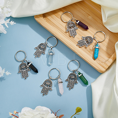 6Pcs 6 Style Alloy Hamsa Hand/Hand of Miriam Pendant Keychain AJEW-DC0001-35-1