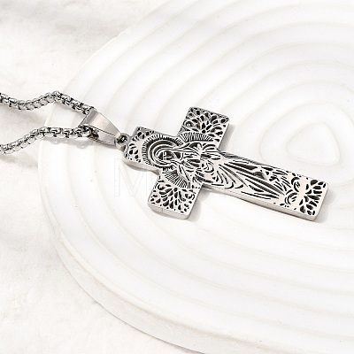 Religion 201 Stainless Steel Hollow Virgin Cross Pendant Necklaces for Men Women NJEW-Z118-01P-1