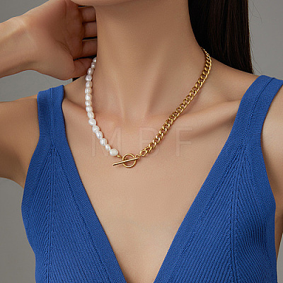 Natural Pearl Beaded Necklace with Stainless Steel Cuban Link Chains DQ3031-1-1