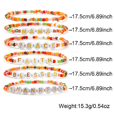6Pcs 6 Styles Bohemian Handmade Word Resin & Plastic Colorful Glass Beaded Friendship Stretch Bracelets for Men Women PI5207-1-1