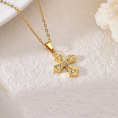 304 Stainless Steel Micro Pave Clear Cubic Zirconia Religion Cross Pendant Necklaces for Women WG29A99-01-1