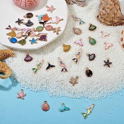 48Pcs Ocean Theme Charm Pendant Fishtail Seashell Enamel Charm Mixed Shape Pendant for Jewelry Necklace Bracelet Earring Making Crafts JX126A-1