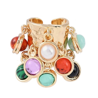 Synthetic Gemstone & Resin & Plastic Imitation Pearl Charms Finger Rings for Women RJEW-Z047-03G-1-1