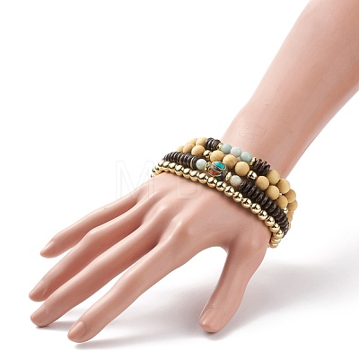 4Pcs 4 Style Natural Flower Amazonite & Synthetic Hematite & Wood Stretch Bracelets Set with Indonesia Beaded BJEW-JB08360-1