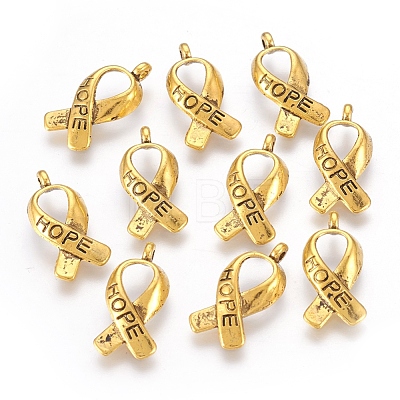 Breast Cancer Awareness Ribbon Carved Word Hope Tibetan Style Alloy Message Pendants X-TIBEP-S278-AG-FF-1