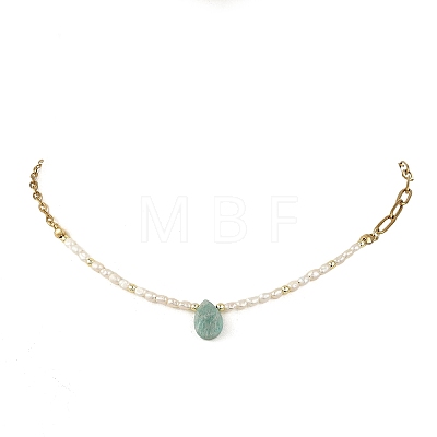 Natural Amazonite Teardrop Pendant Necklaces NJEW-JN06438-1