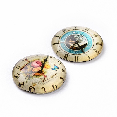 Clock Printed Glass Cabochons GGLA-A002-20mm-YY-1