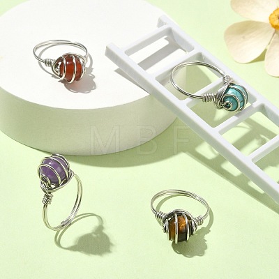 4Pcs 4 Style Natural Mixed Gemstone Round Beaded Finger Rings Set RJEW-TA00076-1