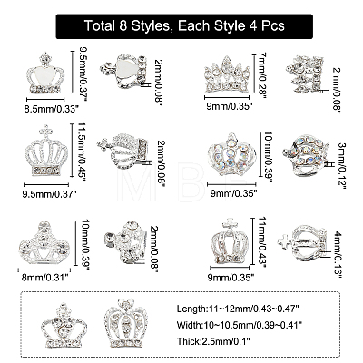 32Pcs 8 Style Crown Alloy Rhinestone Nail Art Cabochons MRMJ-FH0001-20-1