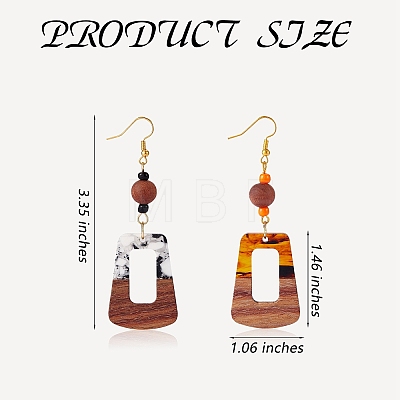 2 Pairs 2 Color Resin & Walnut Wood Trapezoid Dangle Earrings EJEW-SW00014-04-1