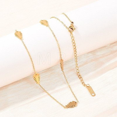 304 Stainless Steel Fish Bone Shaped Link Chain Necklaces for Women NJEW-A064-04G-1