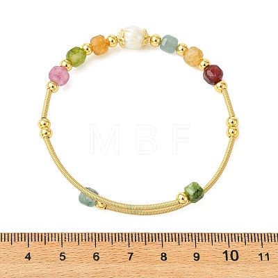 Natural Tourmaline & Freshwater Pearl Beaded Copper French Wired Cuff Bangles for Women BJEW-JB13987-01-1