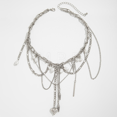201 Stainless Steel Cone Heart & Imitation Pearl Tassel Iron Chain Bib Necklaces for Women WGAF7CC-01-1