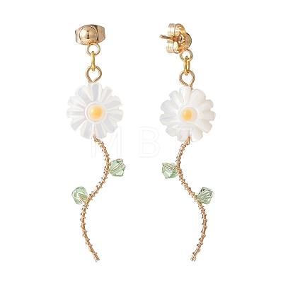 Sunflower Natural Shell Beads Long Dangle Stud Earrings for Her EJEW-TA00021-1