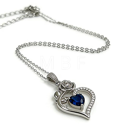 Rhodium Plated 925 Sterling Silver Pave Cubic Zirconia Rose Heart Birthstone Pendant Cable Chain Necklaces NJEW-H012-66A-1
