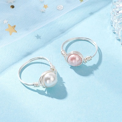 2Pcs Copper Wire Wrapped Shell Pearl Round Bead Finger Rings RJEW-JR00973-1