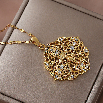 Vintage 304 Stainless Steel Crystal Rhinestone Hollow Flower with Jesus Cross Pendant Necklaces for Women LH2186-1