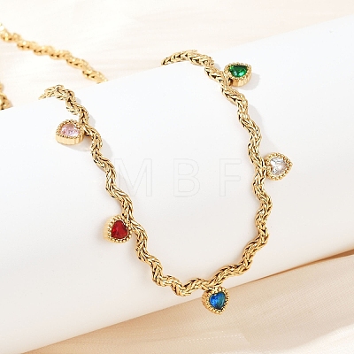 304 Stainless Steel Rope Chain Colorful Cubic Zirconia Tassel Necklaces for Women NJEW-V015-01G-A-1