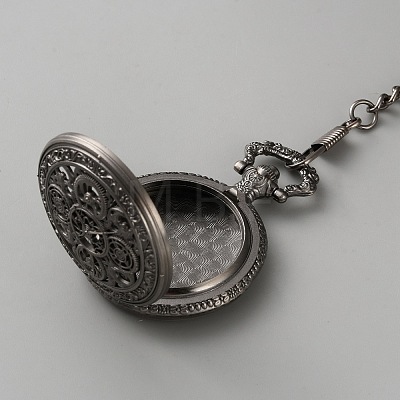 Vintage Alloy Flat Round Hollow Pocket Watch with Brass Curb Chain AJEW-WH0752-005B-1