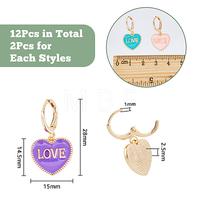 12Pcs 6 Colors Heart with Word Love Enamel Dangle Leverback Earrings EJEW-DC0001-26-1