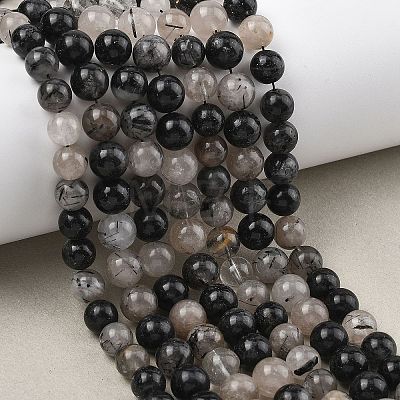 Natural Tourmalinated Quartz/Black Rutilated Quartz Beads Strands G-D361-01A-8-9mm-1