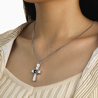 Rhinestone Cross with Heart Urn Ashes Necklace BOTT-PW0011-01D-1