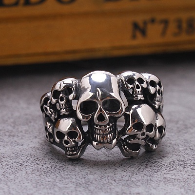 Steam Punk Style Titanium Steel Multi-Skull Finger Rings SKUL-PW0005-08H-1