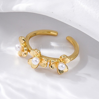 Flower Brass Open Cuff Rings for Women RJEW-G341-01G-1