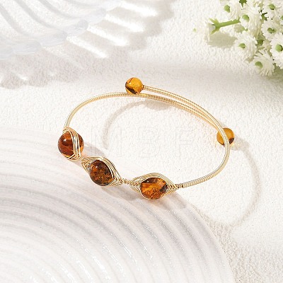 Natural Amber Horse Eye Herringbone Wire-Wrapped Open Cuff Bangles BJEW-JB14461-1
