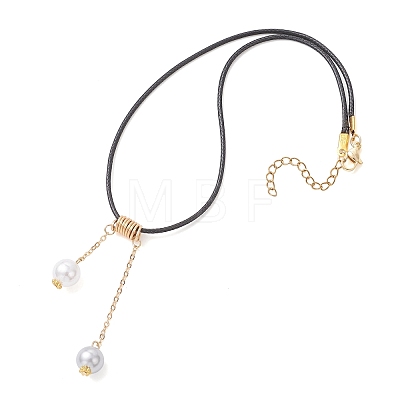ABS Plastic Imitation Pearl Round Tassel Pendant Black Waxed Polyester Cord Necklaces for Women NJEW-JN05610-02-1