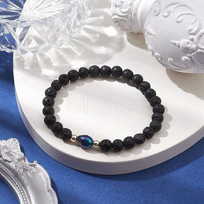 6mm Round Natural Lava Rock & Dyed Pearl Beaded Stretch Bracelets for Women BJEW-JB10619-01-1