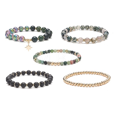 5Pcs 5 Style Natural Mixed Gemstone Beaded Stretch Bracelets Set BJEW-JB09002-1